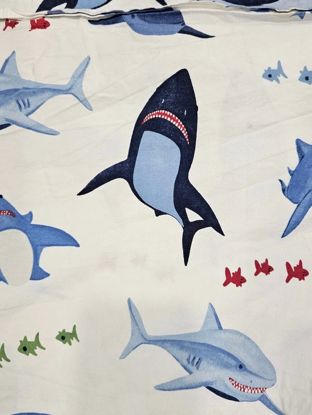 Pottery Barn Kids Shark Bite TWIN Flat Sheet Blue White Cotton Ocean Nautical